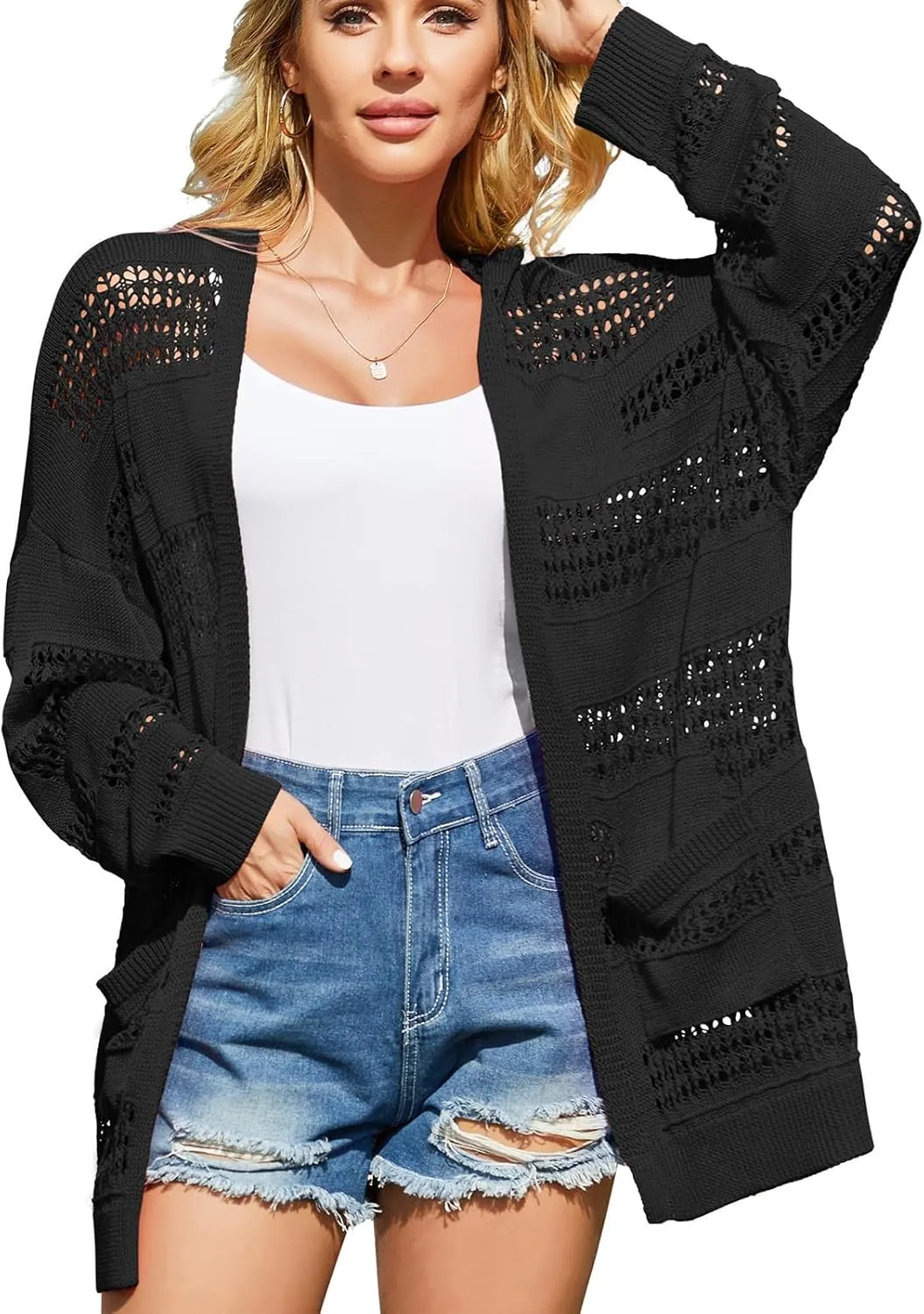 V FOR CITY Women's Cardigans Lightweight Summer Crochet Oversized Long Sleeved Open Front Knit Sweater Trendy