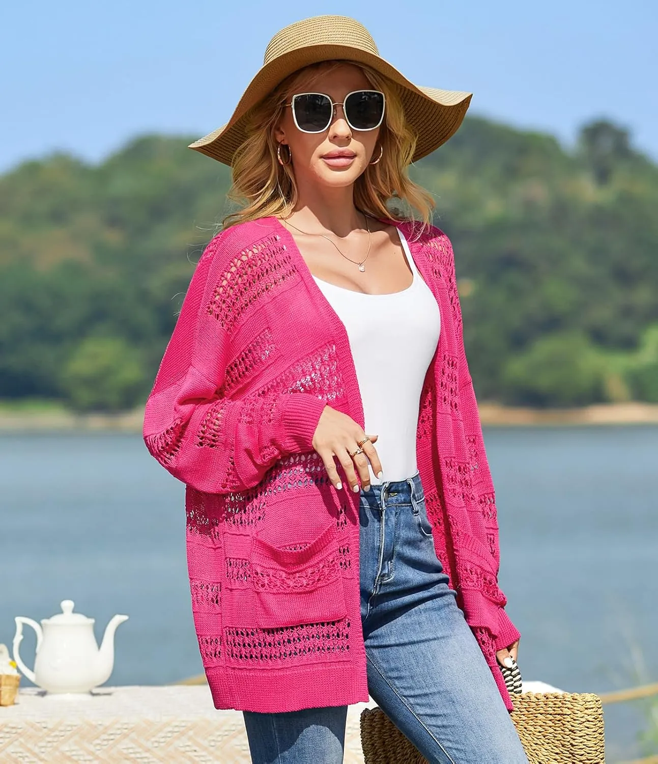 V FOR CITY Women's Cardigans Lightweight Summer Crochet Oversized Long Sleeved Open Front Knit Sweater Trendy