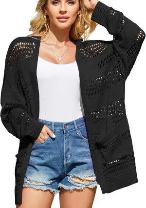 V FOR CITY Women's Cardigans Lightweight Summer Crochet Oversized Long Sleeved Open Front Knit Sweater Trendy
