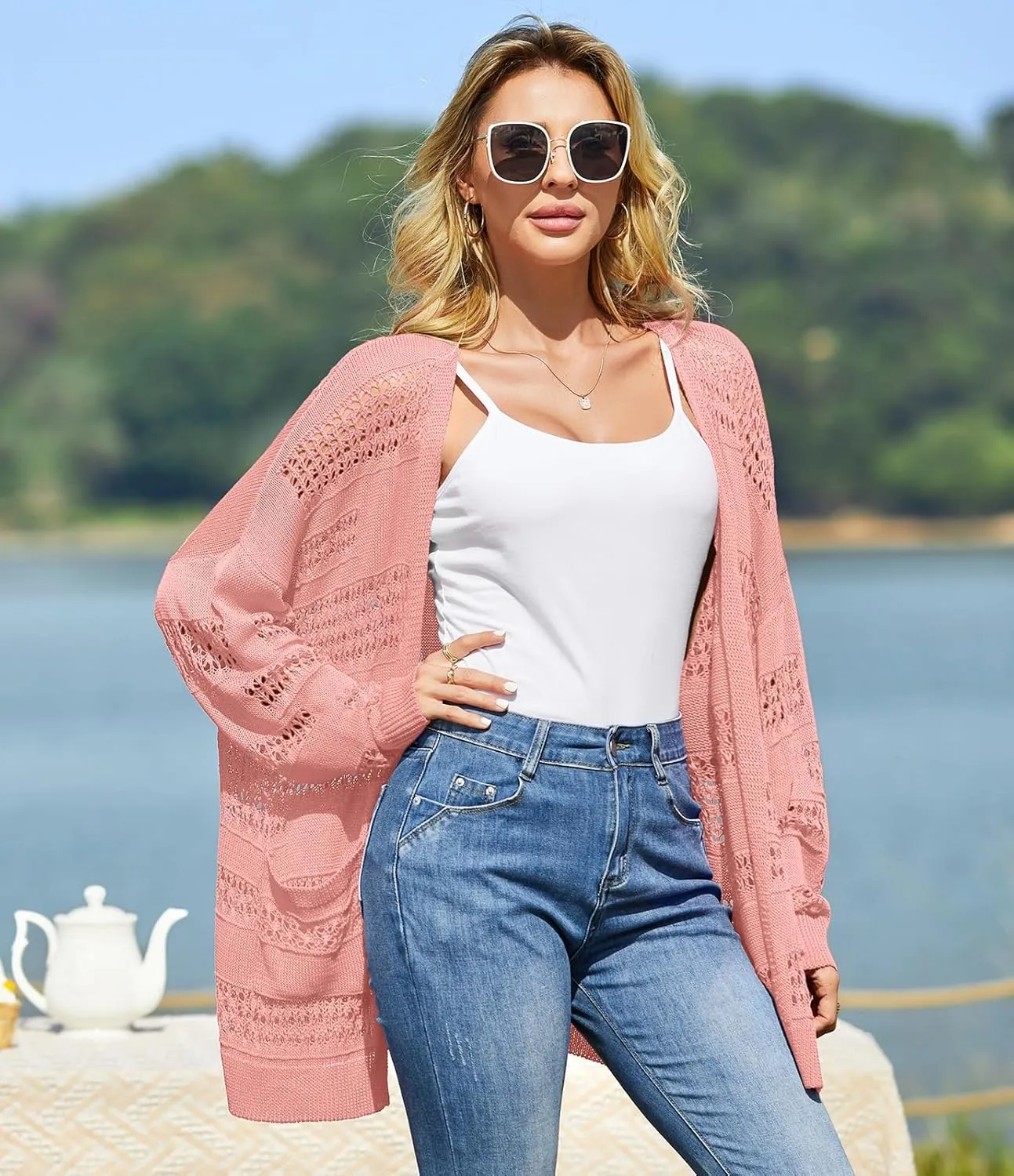 V FOR CITY Women's Cardigans Lightweight Summer Crochet Oversized Long Sleeved Open Front Knit Sweater Trendy