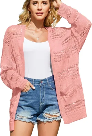 V FOR CITY Women's Cardigans Lightweight Summer Crochet Oversized Long Sleeved Open Front Knit Sweater Trendy