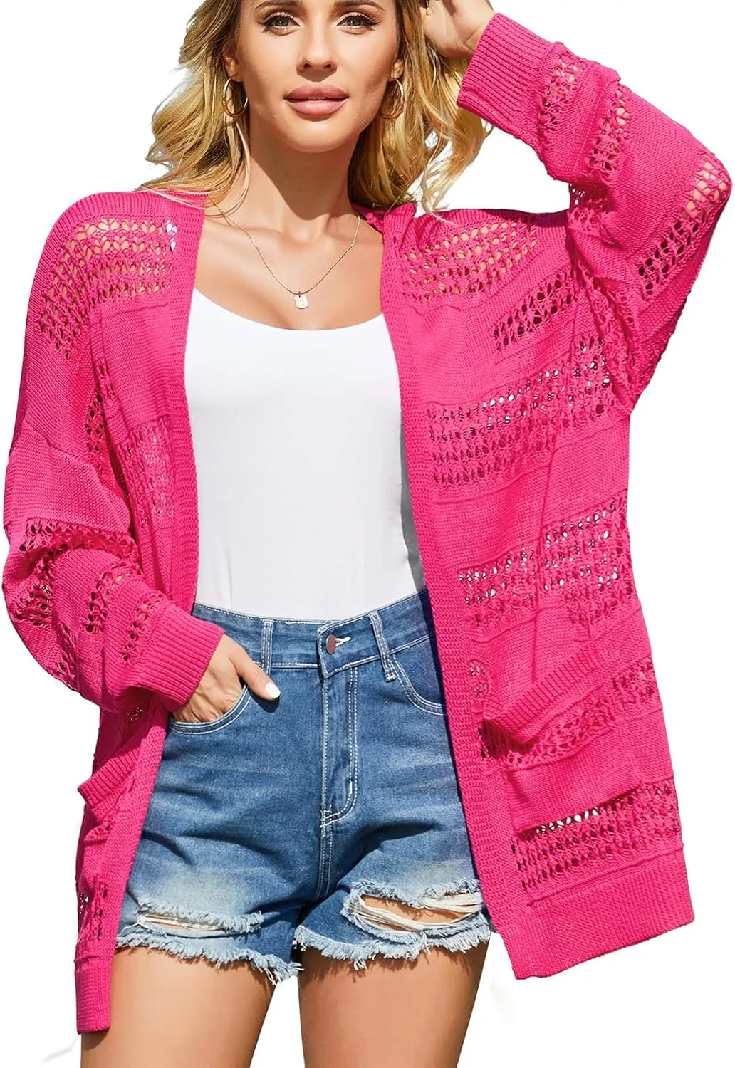 V FOR CITY Women's Cardigans Lightweight Summer Crochet Oversized Long Sleeved Open Front Knit Sweater Trendy