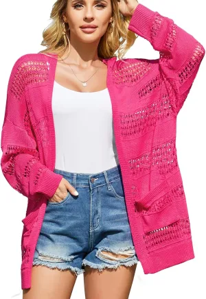 V FOR CITY Women's Cardigans Lightweight Summer Crochet Oversized Long Sleeved Open Front Knit Sweater Trendy