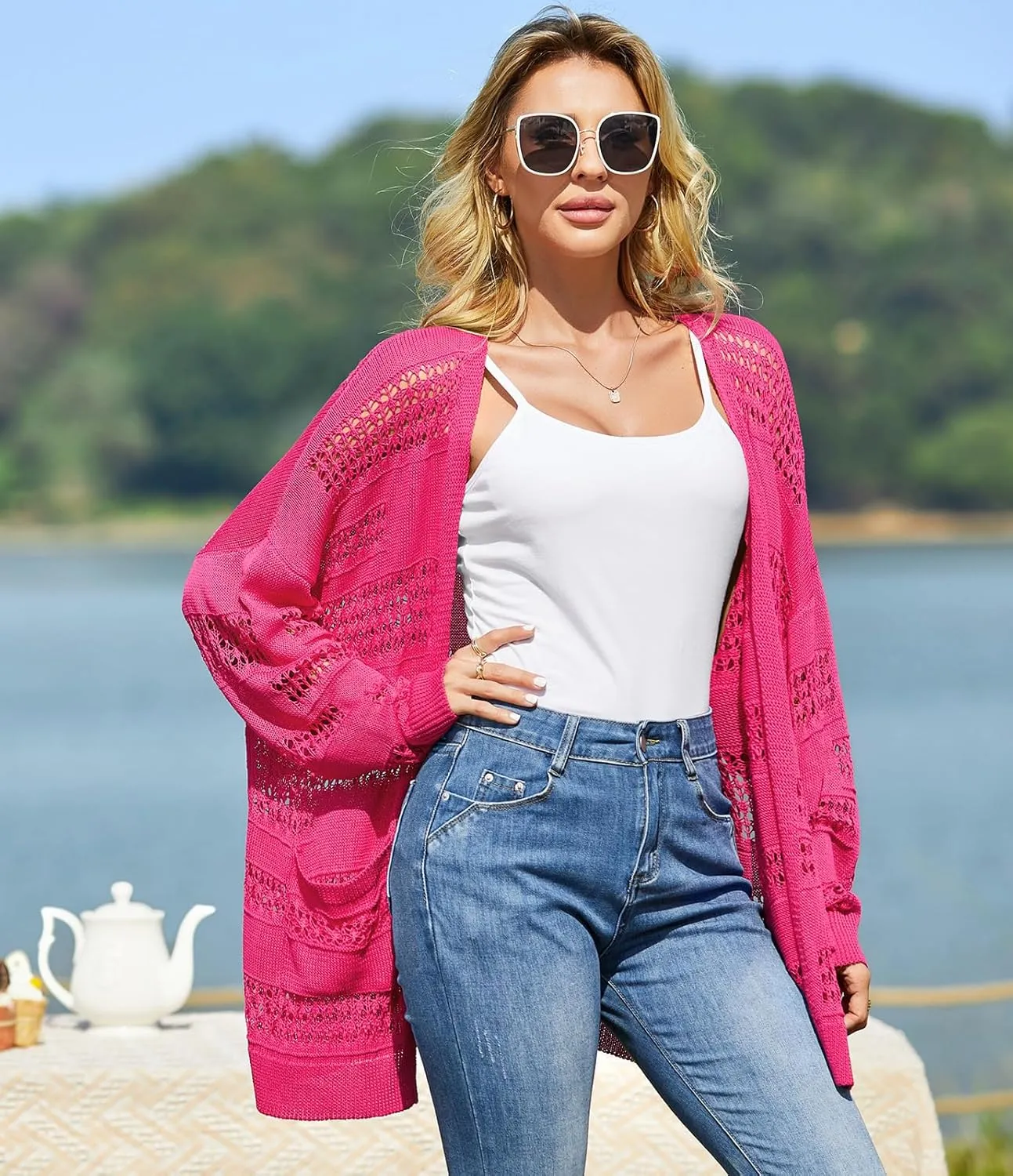 V FOR CITY Women's Cardigans Lightweight Summer Crochet Oversized Long Sleeved Open Front Knit Sweater Trendy
