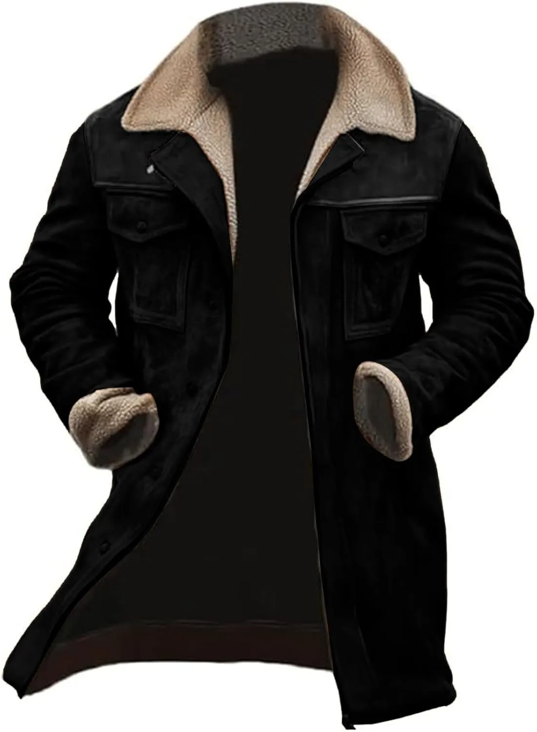 Vintage Suede Jackets for Men Sherpa Collar Faux Leather Trench Coats Zip Up Motorcycle Biker Winter Jacket Outerwear