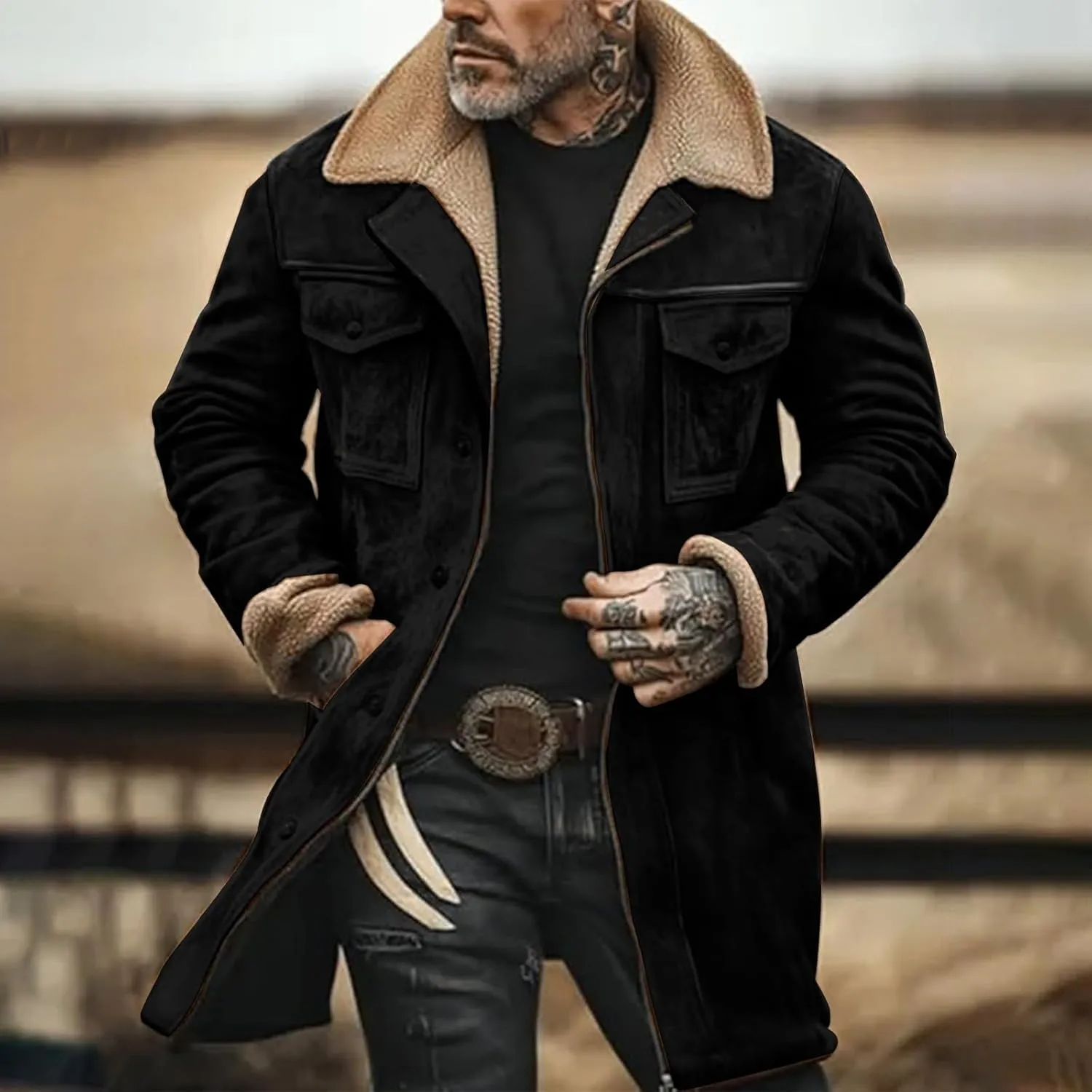 Vintage Suede Jackets for Men Sherpa Collar Faux Leather Trench Coats Zip Up Motorcycle Biker Winter Jacket Outerwear
