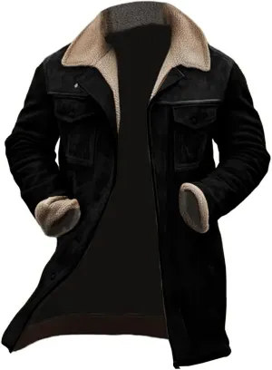 Vintage Suede Jackets for Men Sherpa Collar Faux Leather Trench Coats Zip Up Motorcycle Biker Winter Jacket Outerwear