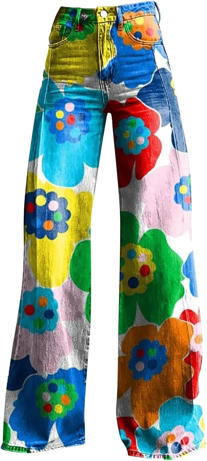 Wide Leg Flare Jeans for Women Vintage Floral Print Baggy Bell Bottom Jean Baggy Retro Boyfriend Flower Denim Pants