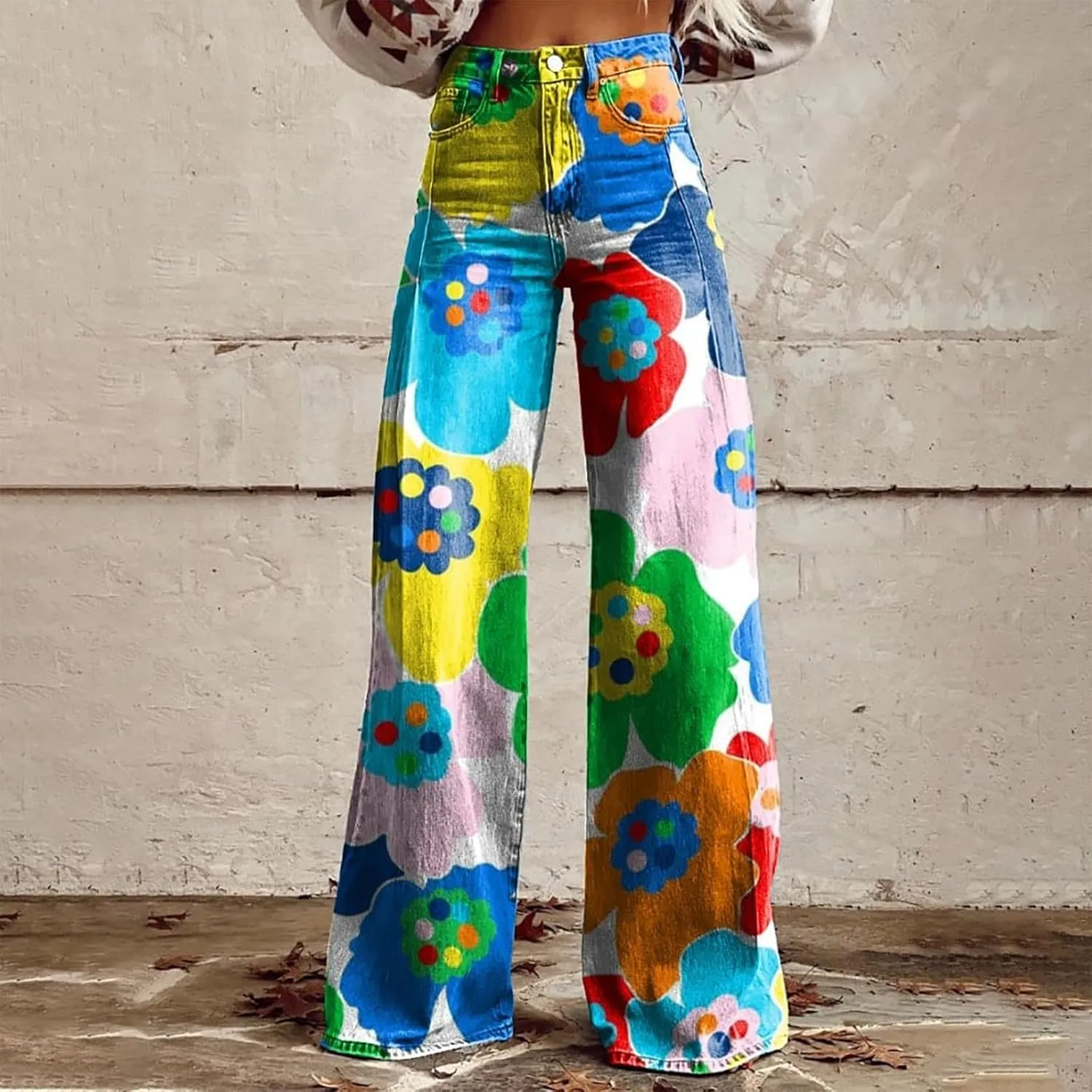 Wide Leg Flare Jeans for Women Vintage Floral Print Baggy Bell Bottom Jean Baggy Retro Boyfriend Flower Denim Pants