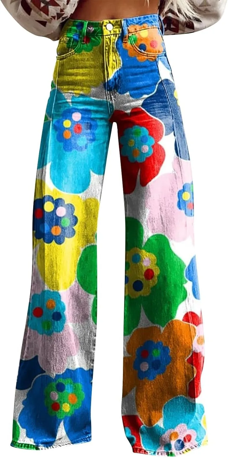 Wide Leg Flare Jeans for Women Vintage Floral Print Baggy Bell Bottom Jean Baggy Retro Boyfriend Flower Denim Pants