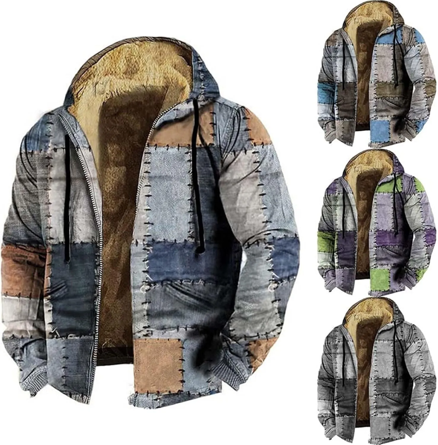 Winter Hooded Jackets for Men Color Block Heavyweight Fleece Warm Hoodies Sweatshirt Zip Up Thicken Sherpa Lined Coat