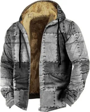 Winter Hooded Jackets for Men Color Block Heavyweight Fleece Warm Hoodies Sweatshirt Zip Up Thicken Sherpa Lined Coat