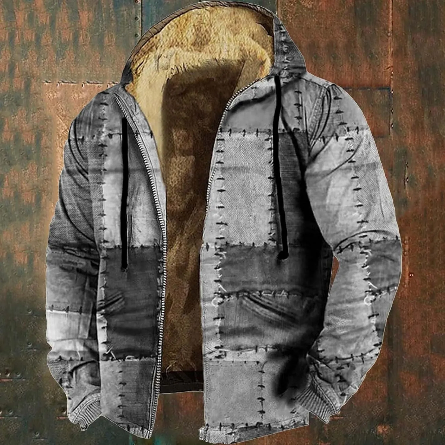 Winter Hooded Jackets for Men Color Block Heavyweight Fleece Warm Hoodies Sweatshirt Zip Up Thicken Sherpa Lined Coat