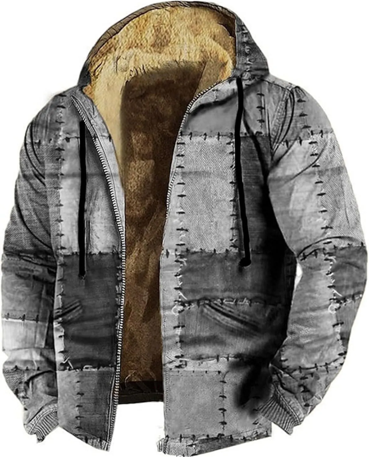 Winter Hooded Jackets for Men Color Block Heavyweight Fleece Warm Hoodies Sweatshirt Zip Up Thicken Sherpa Lined Coat