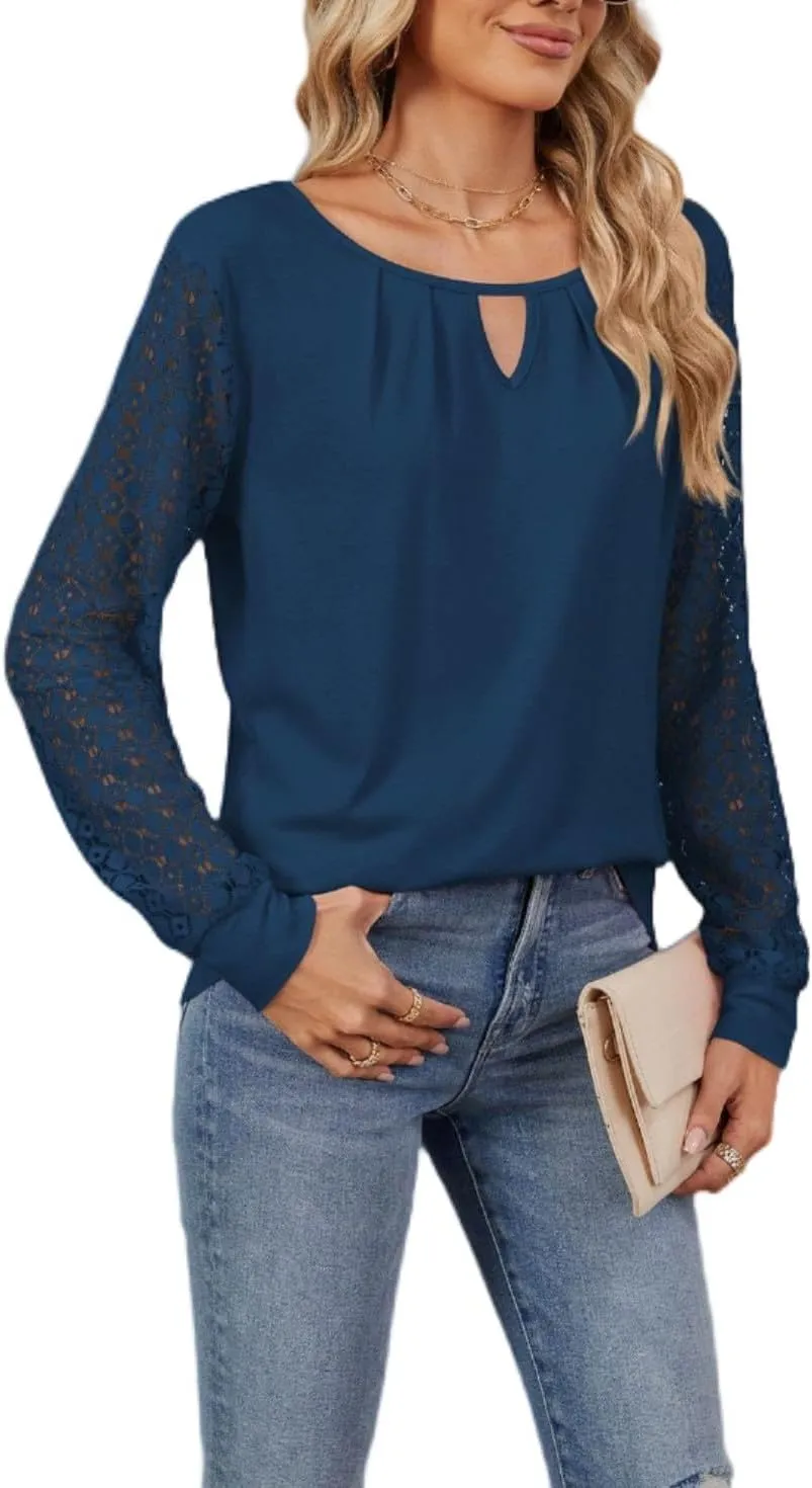 Women Autumn Winter Blouses, Solid Color Lace Patchwork Loose Long Sleeve Shirts, Lace Patchwork T-Shirt