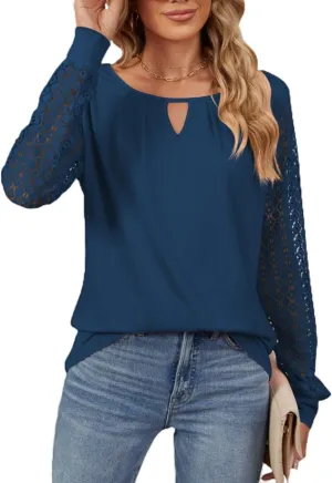 Women Autumn Winter Blouses, Solid Color Lace Patchwork Loose Long Sleeve Shirts, Lace Patchwork T-Shirt