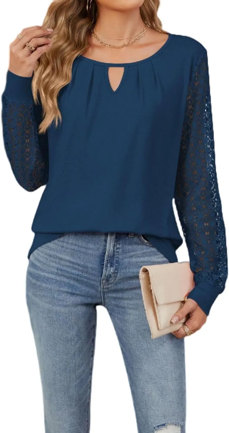Women Autumn Winter Blouses, Solid Color Lace Patchwork Loose Long Sleeve Shirts, Lace Patchwork T-Shirt