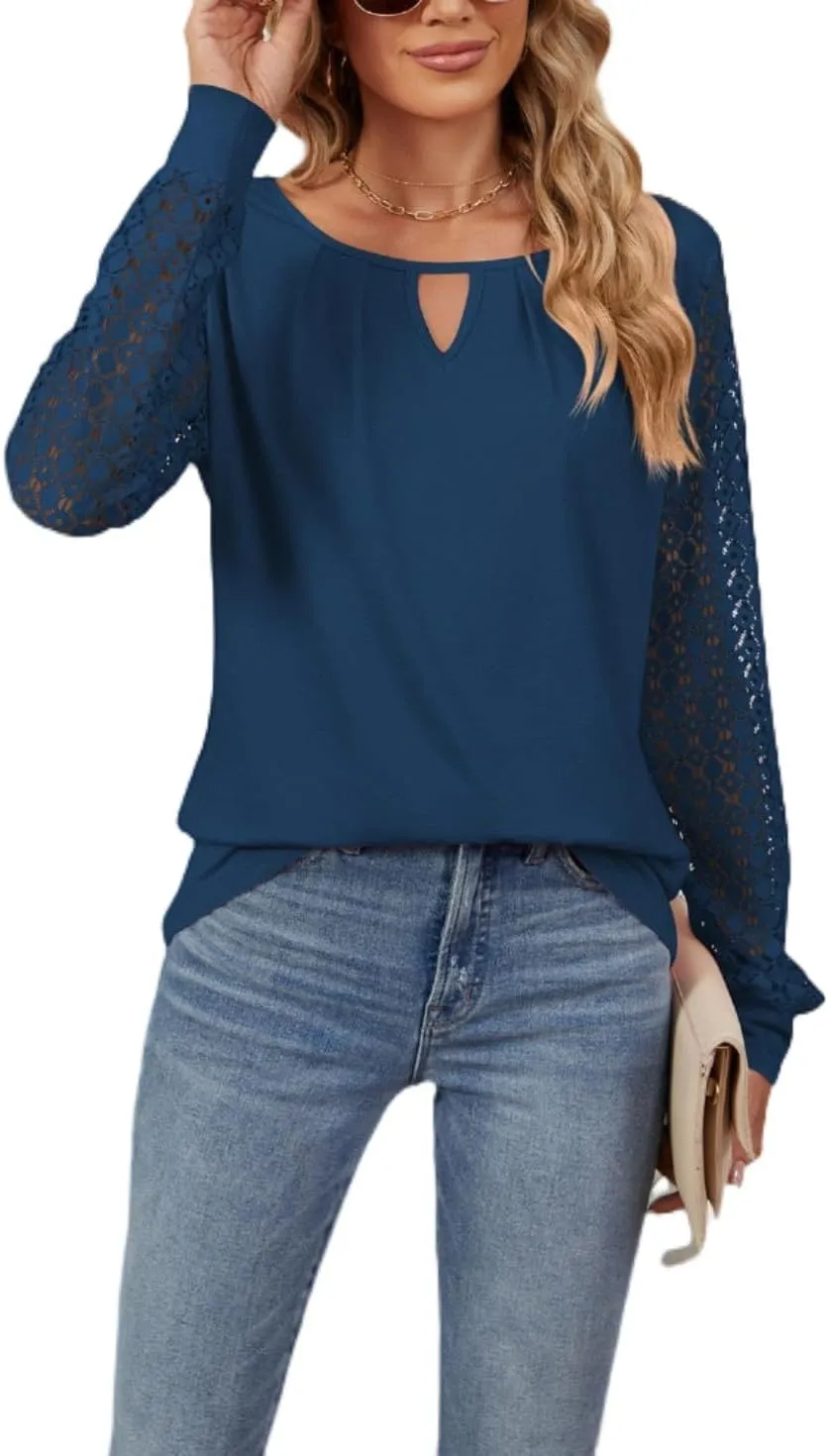Women Autumn Winter Blouses, Solid Color Lace Patchwork Loose Long Sleeve Shirts, Lace Patchwork T-Shirt