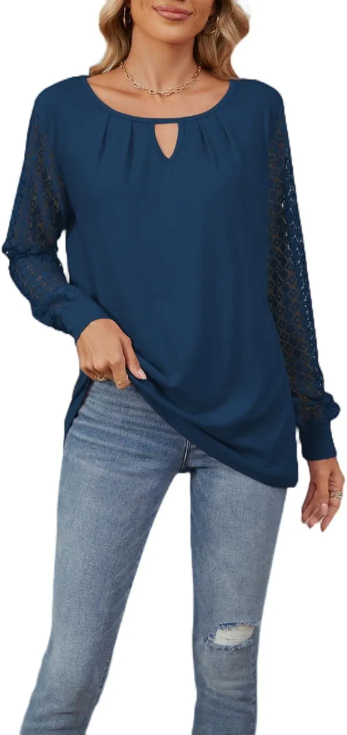 Women Autumn Winter Blouses, Solid Color Lace Patchwork Loose Long Sleeve Shirts, Lace Patchwork T-Shirt
