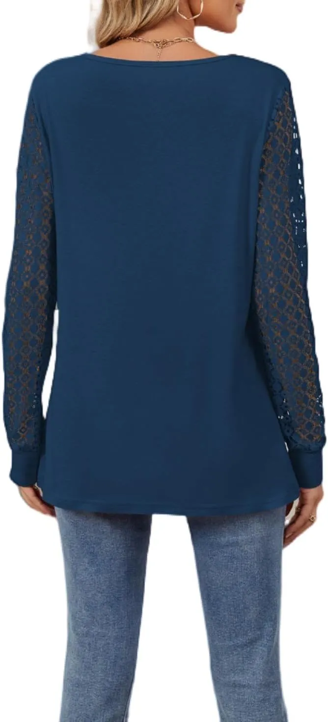 Women Autumn Winter Blouses, Solid Color Lace Patchwork Loose Long Sleeve Shirts, Lace Patchwork T-Shirt
