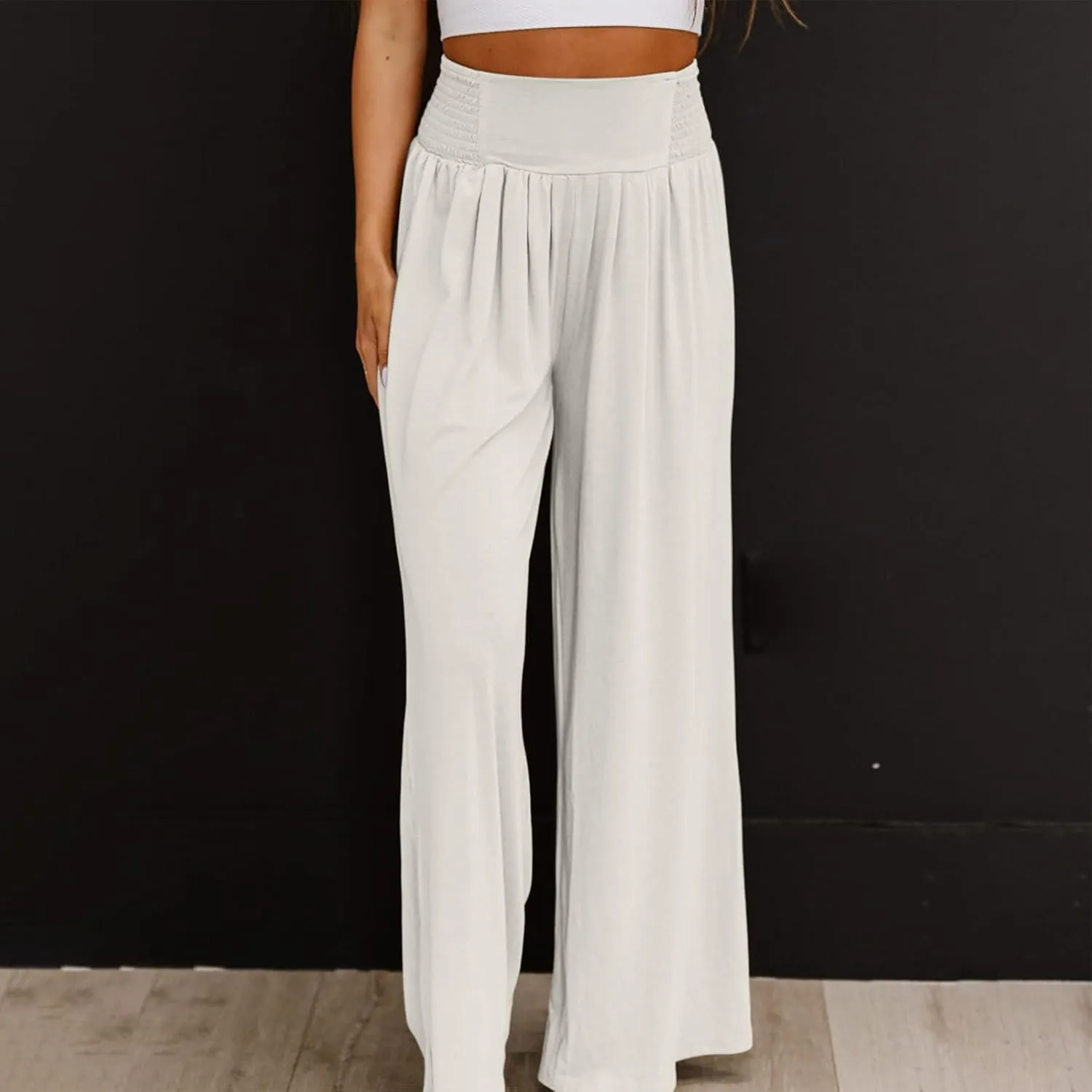 Women Casual High Waisted Cotton Linen Pants Loose Elastic Waist Beach Palazzo Pants Vacation Trouser with Pocket