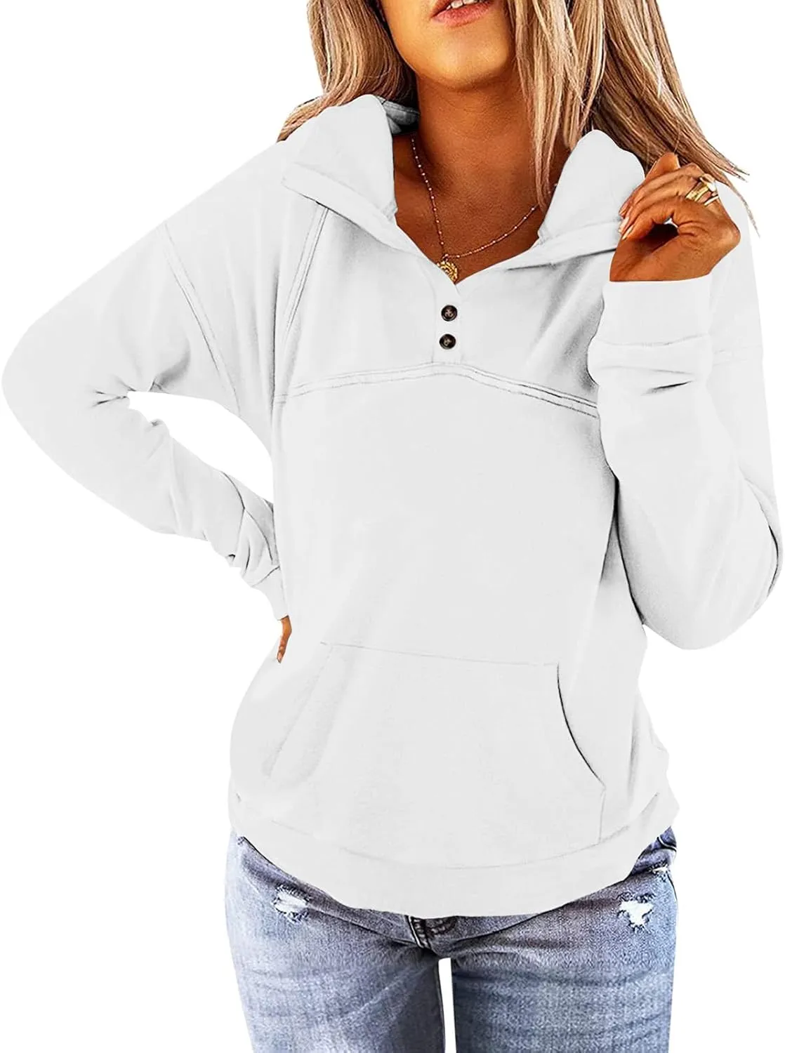 Women Fall Winter Sweatshirts Solid Color Hoodies with Kangaroo Pockets Loose Fit Long Sleeve Tops Pullover Blouse
