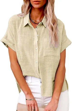 Women Linen Shirts Casual Short Sleeve Shirts Fashion V Neck Collared Button Down Tops Summer Work Blouses with Pocket