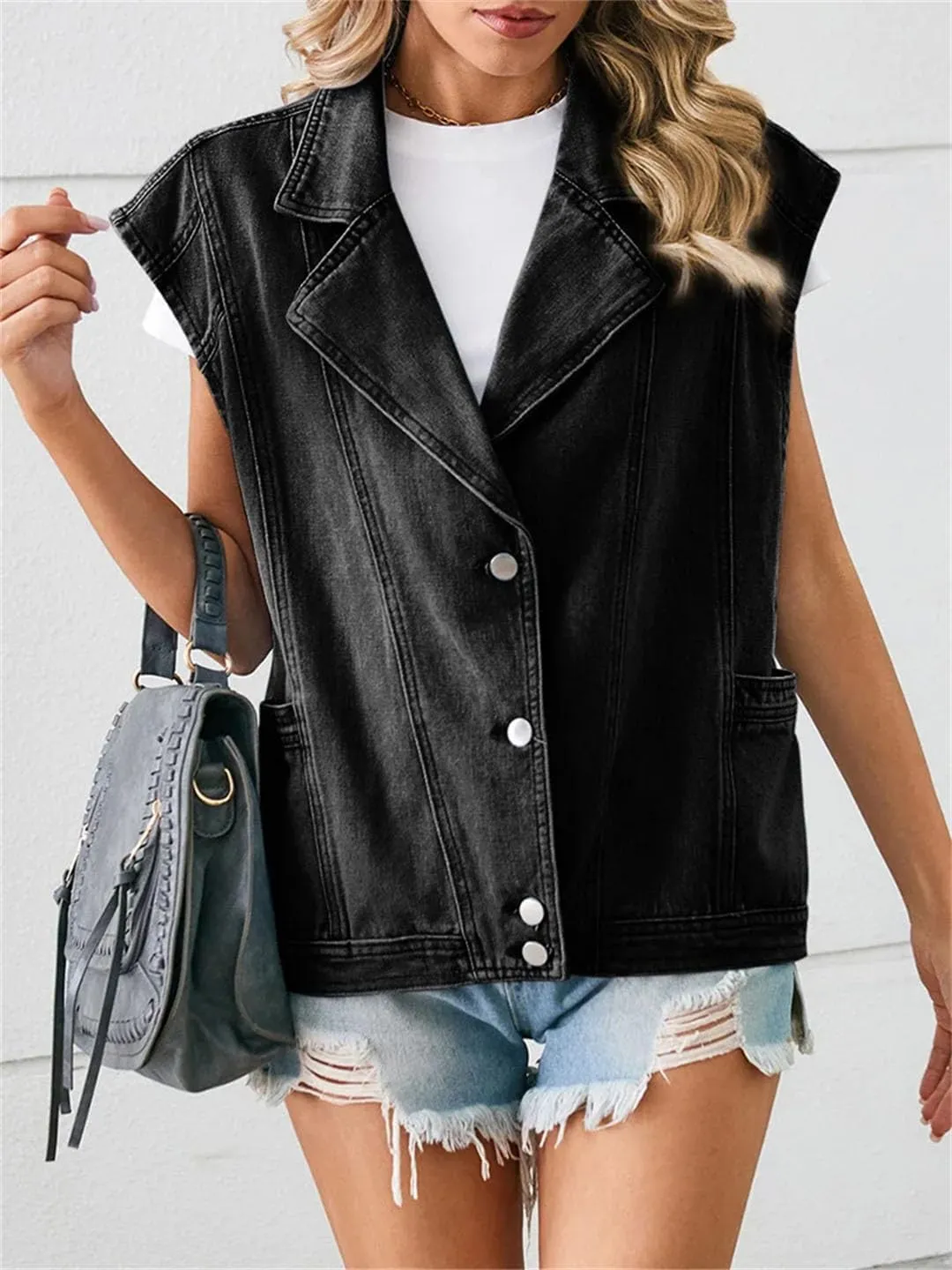 Women Notched Neck Washed Denim Vest Vintage Loose Single Breasted Sleeveless Jeans Vest