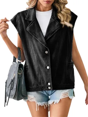 Women Notched Neck Washed Denim Vest Vintage Loose Single Breasted Sleeveless Jeans Vest