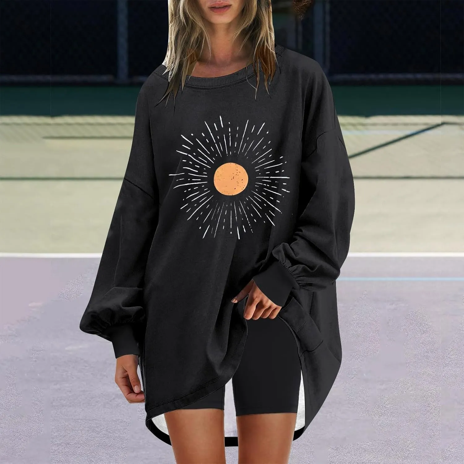 Women Oversized Striped Crewneck Sweatshirt Women's Large Round Neck Sports Oversize Lantern Sleeve Pullover