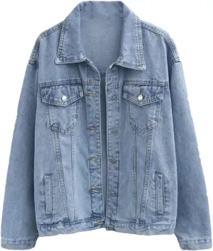Women Vintage Winter Oversize Denim Washed Jeans Turn-Down Collar Outwear Jacket