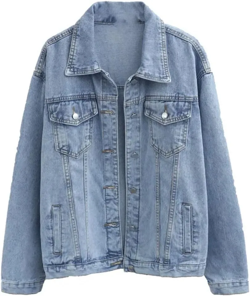 Women Vintage Winter Oversize Denim Washed Jeans Turn-Down Collar Outwear Jacket
