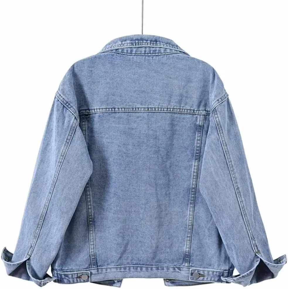 Women Vintage Winter Oversize Denim Washed Jeans Turn-Down Collar Outwear Jacket