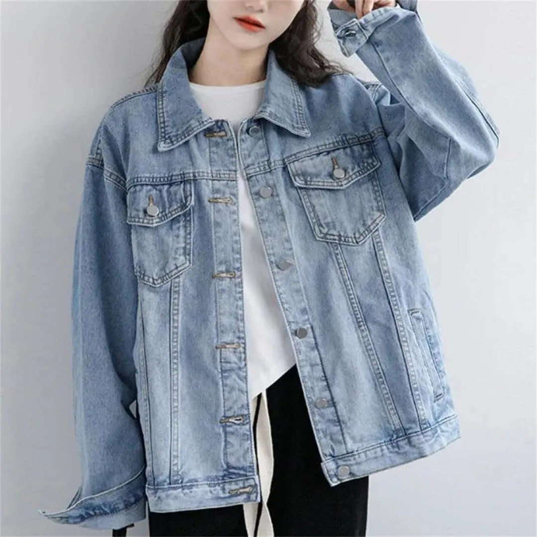 Women Vintage Winter Oversize Denim Washed Jeans Turn-Down Collar Outwear Jacket
