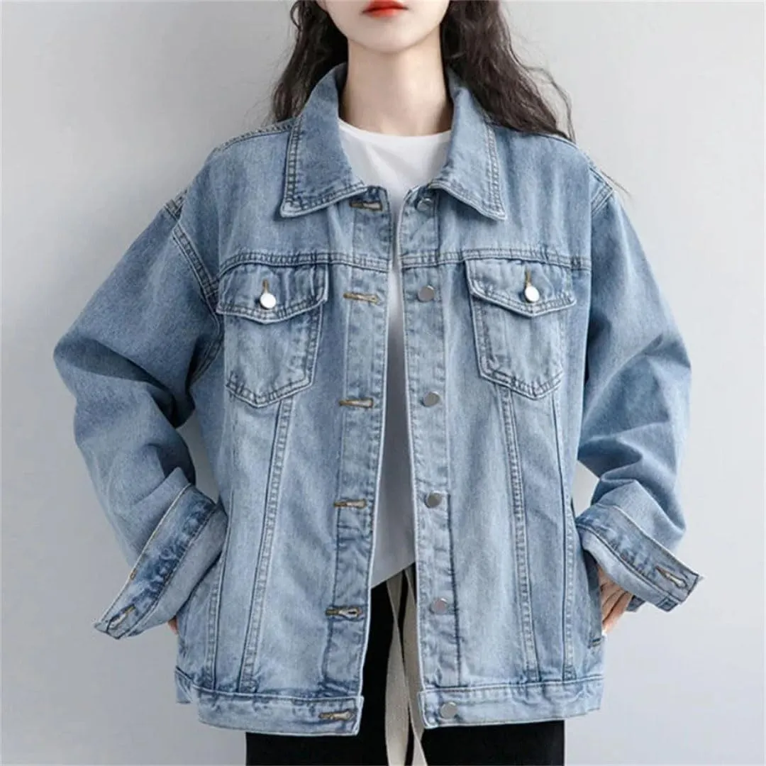 Women Vintage Winter Oversize Denim Washed Jeans Turn-Down Collar Outwear Jacket