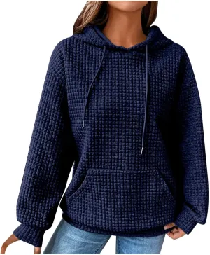 Women Waffle Plaid Knit Y2K Hoodie Drawstring Lightweight Oversized Sweatshirt Comfy Cute Pullover Streetwear Hoodies