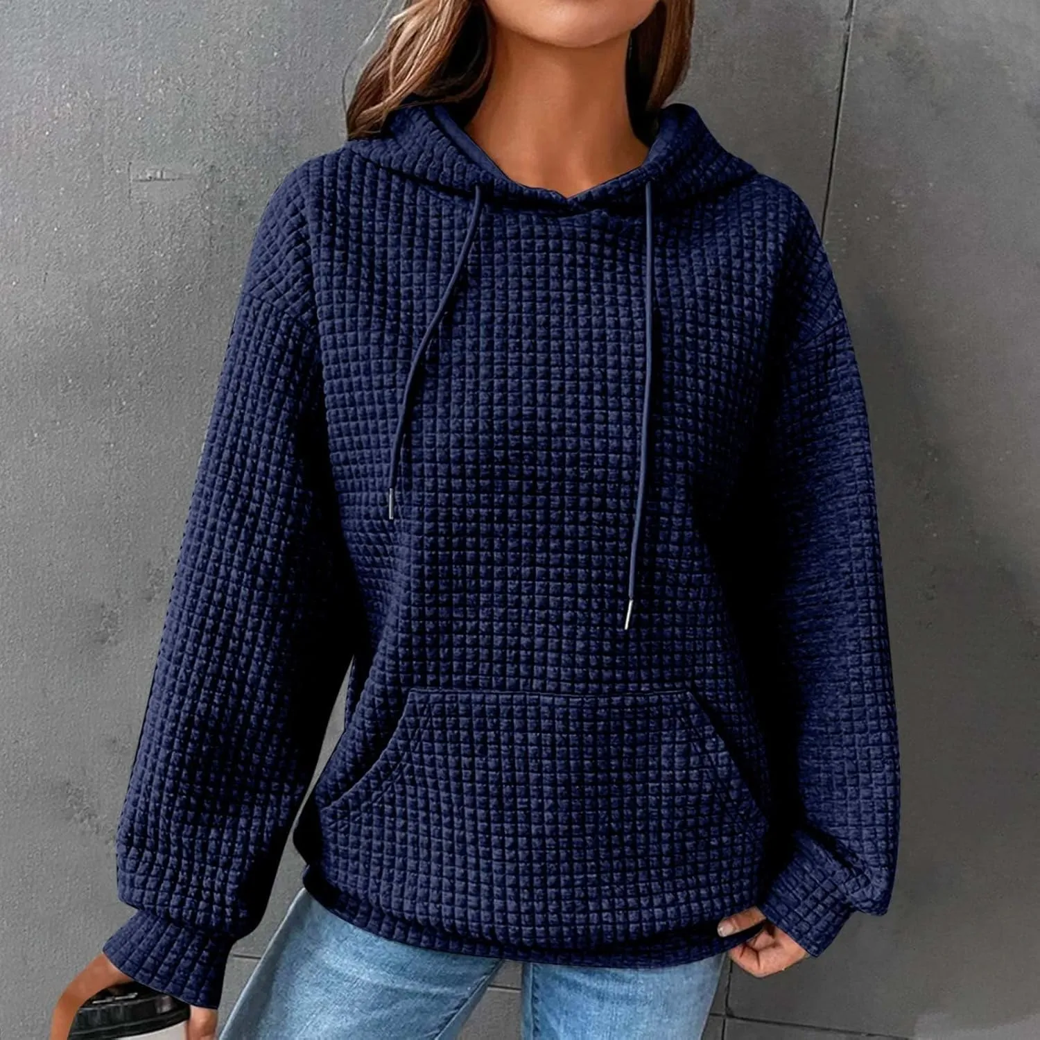 Women Waffle Plaid Knit Y2K Hoodie Drawstring Lightweight Oversized Sweatshirt Comfy Cute Pullover Streetwear Hoodies