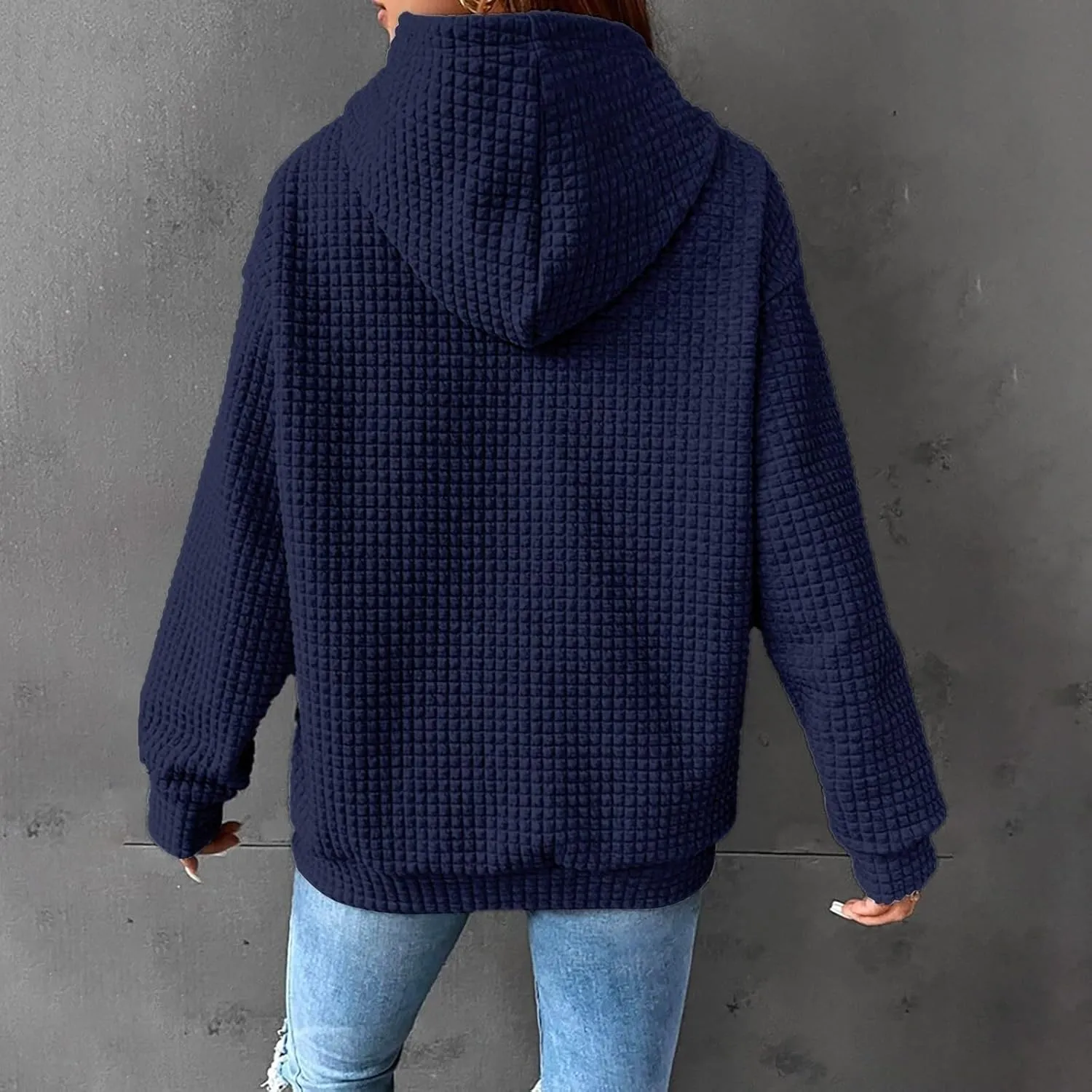 Women Waffle Plaid Knit Y2K Hoodie Drawstring Lightweight Oversized Sweatshirt Comfy Cute Pullover Streetwear Hoodies