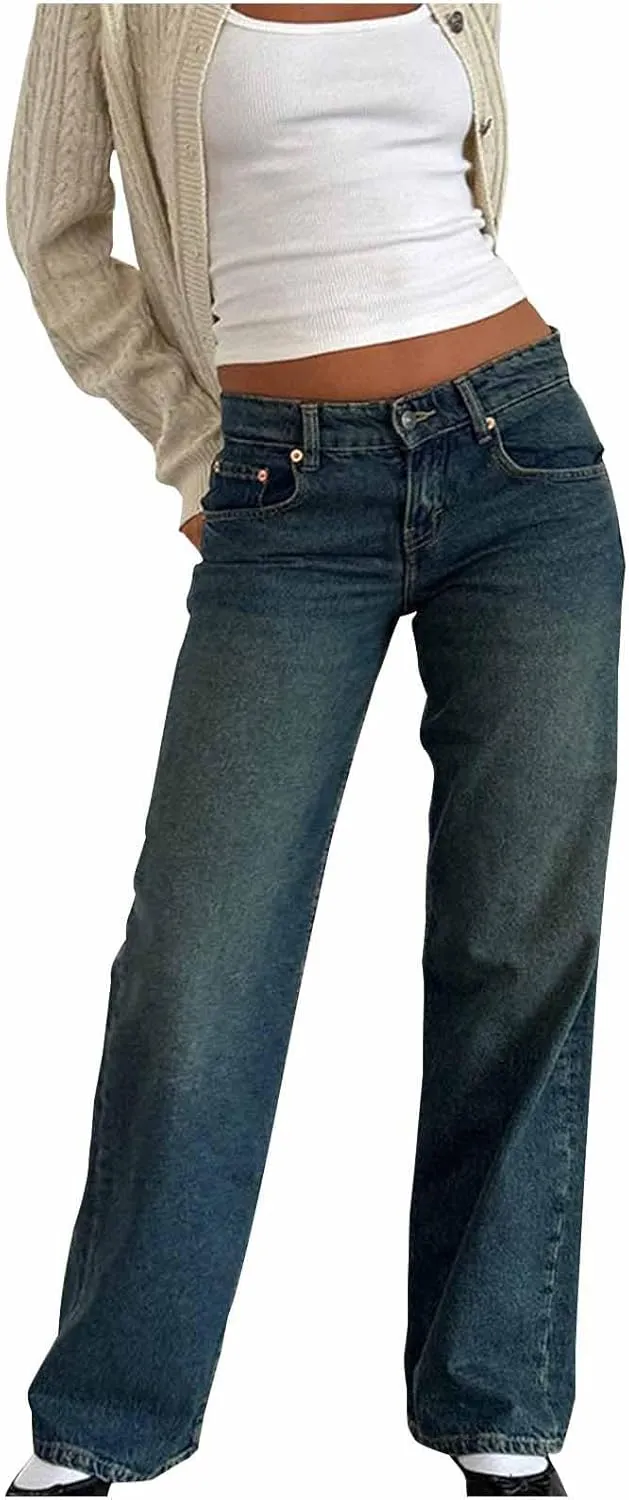 Women Y2k Low Rise Baggy Jeans Loose Fit Casual Straight Wide Leg Jeans Trendy Stretch Long Denim Pants