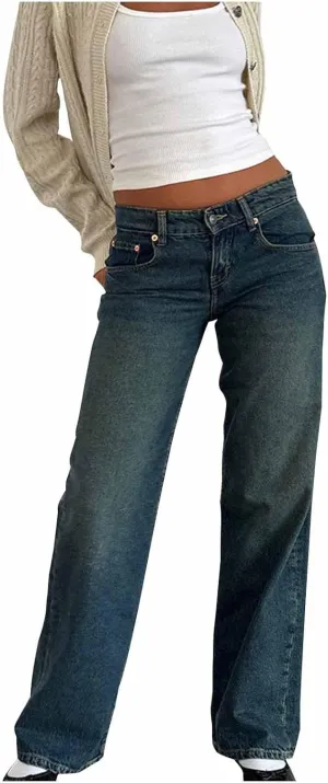 Women Y2k Low Rise Baggy Jeans Loose Fit Casual Straight Wide Leg Jeans Trendy Stretch Long Denim Pants