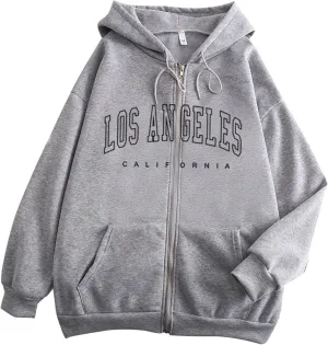 Women Zip up Hoodie Y2k Letter Print Graphic Oversized Hooded Sweatshirt Fall Drawstring Jacket Coats