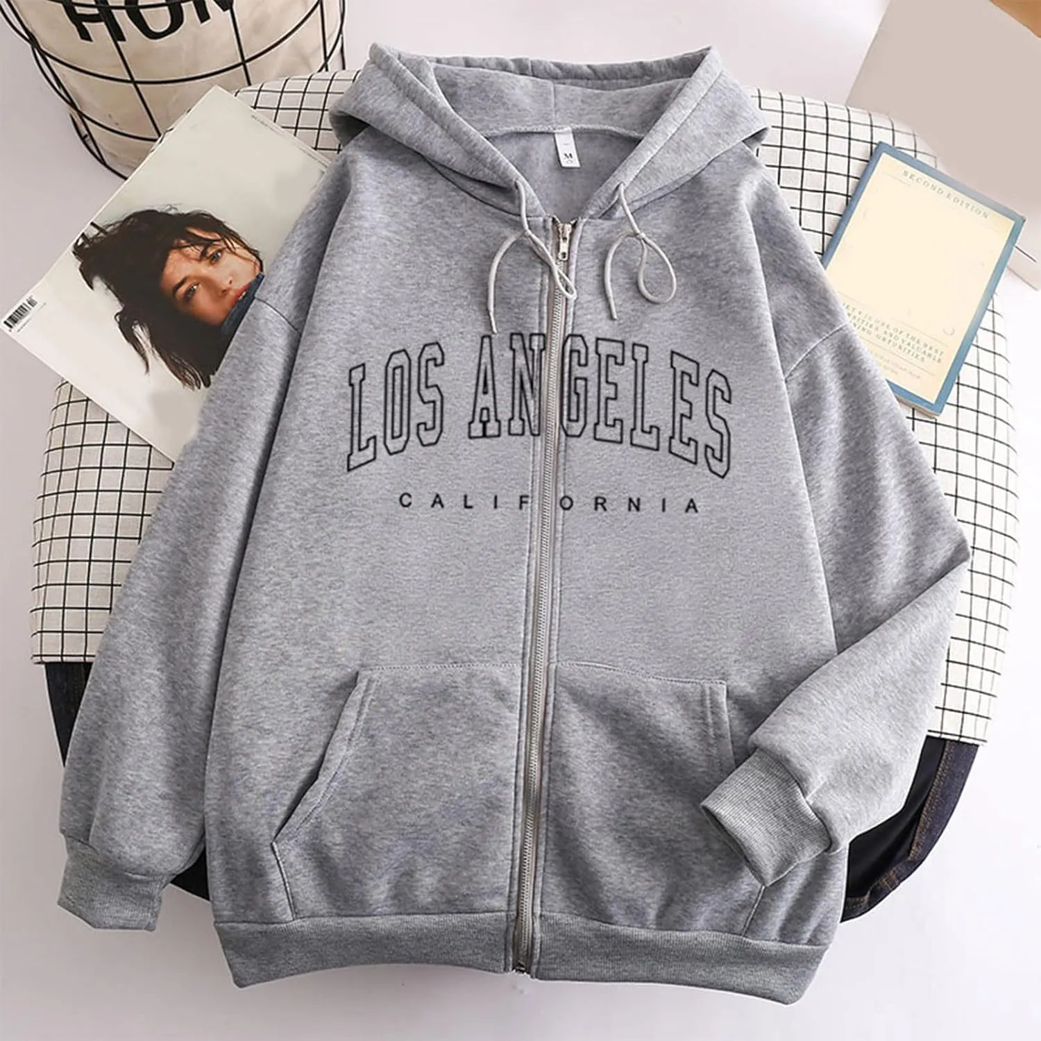 Women Zip up Hoodie Y2k Letter Print Graphic Oversized Hooded Sweatshirt Fall Drawstring Jacket Coats