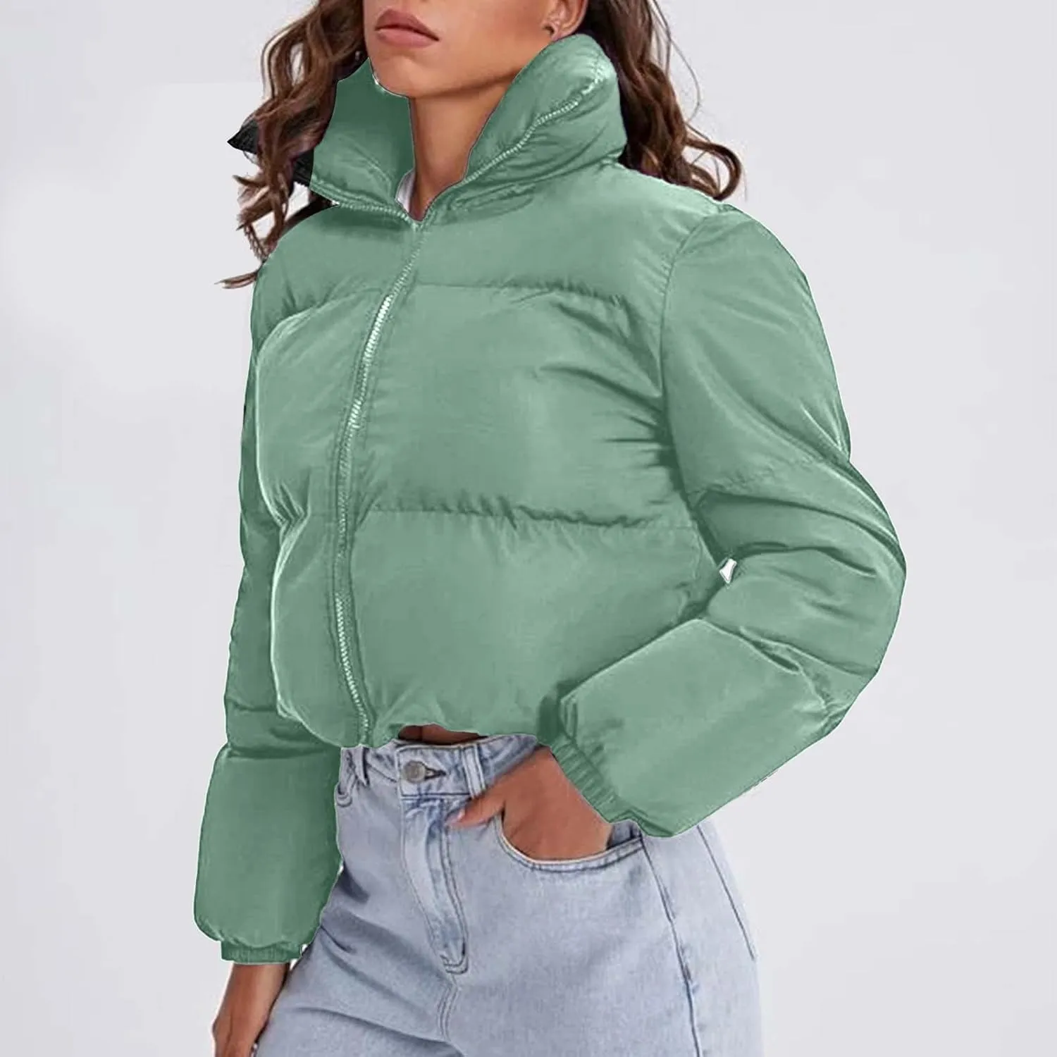 Women's 2024 Winter Long Sleeve Zip Cropped Puffer Jacket Parkas Pockets Baggy Short Down Coats Warm Quilted Jacket