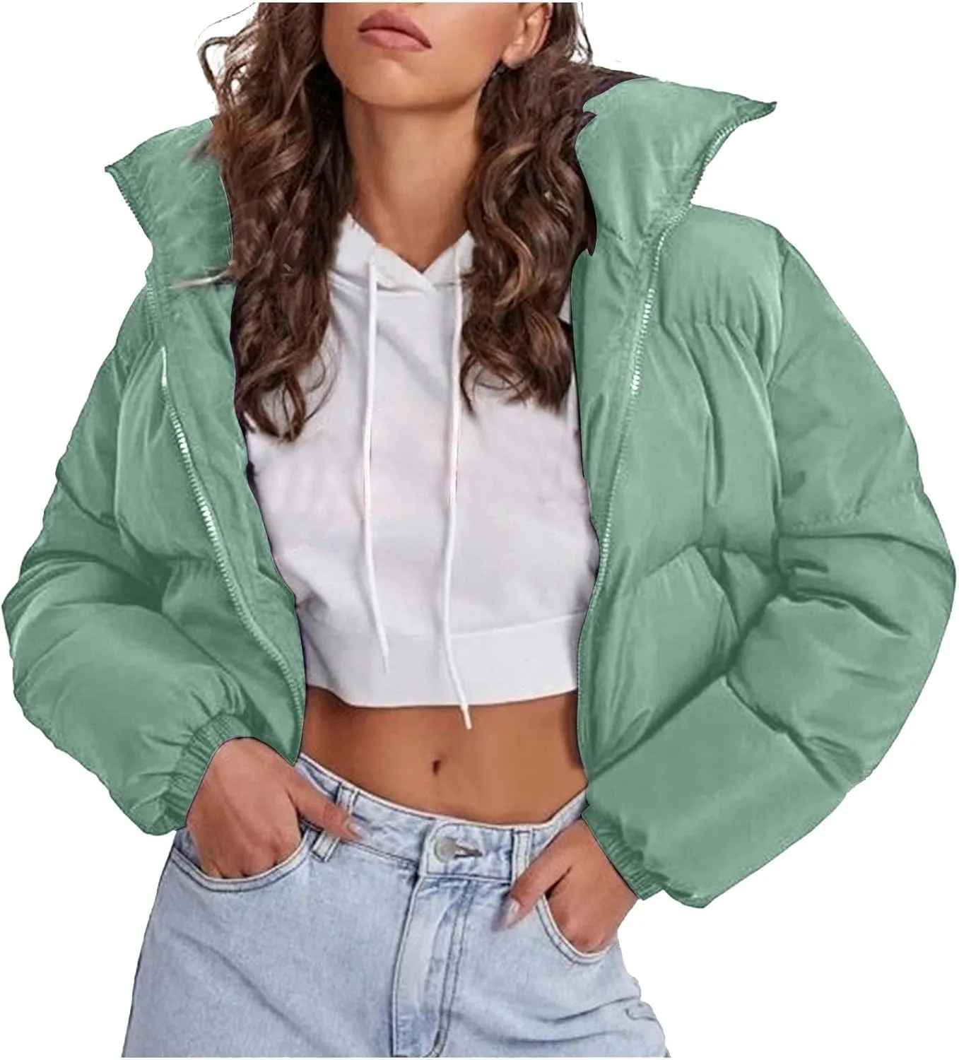 Women's 2024 Winter Long Sleeve Zip Cropped Puffer Jacket Parkas Pockets Baggy Short Down Coats Warm Quilted Jacket