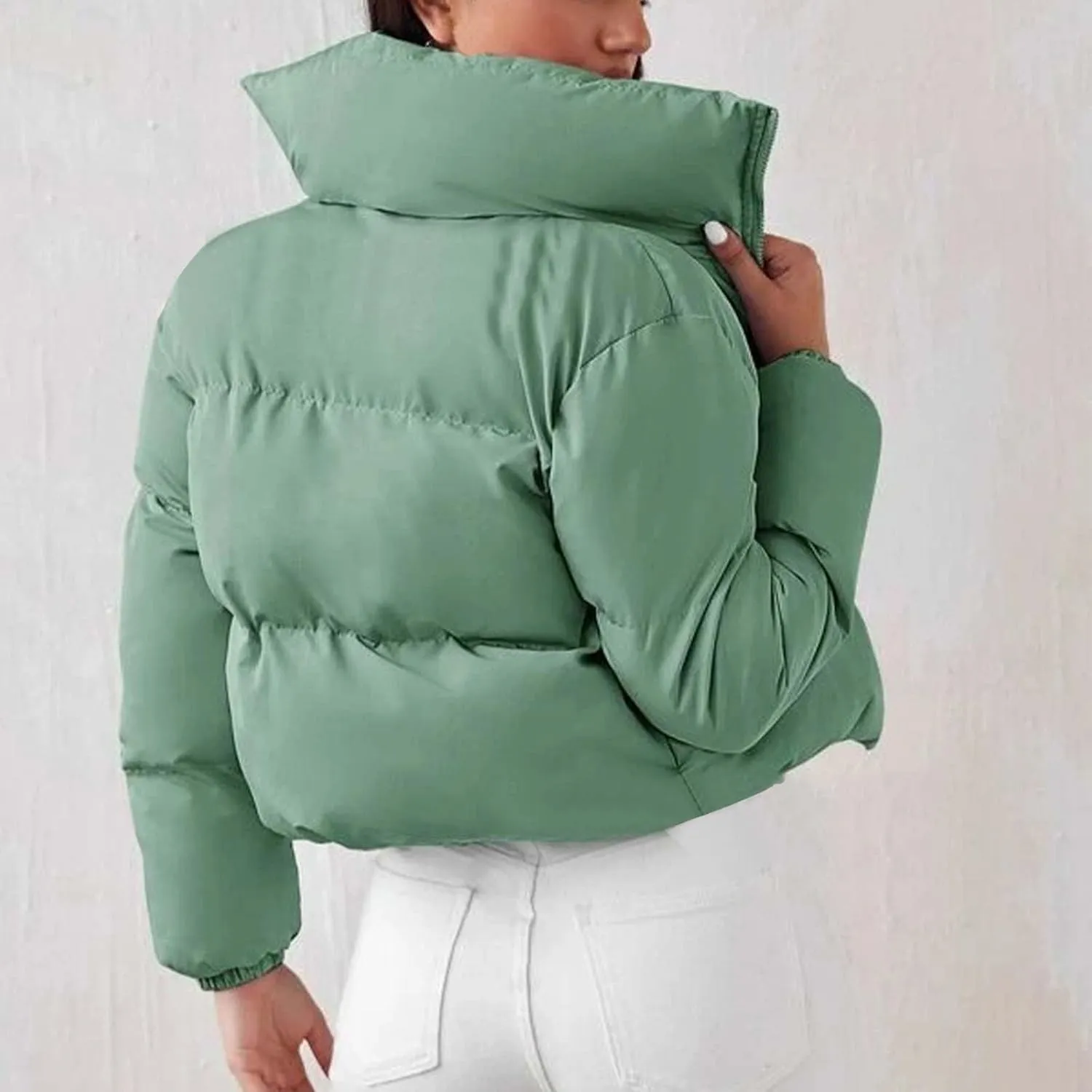Women's 2024 Winter Long Sleeve Zip Cropped Puffer Jacket Parkas Pockets Baggy Short Down Coats Warm Quilted Jacket