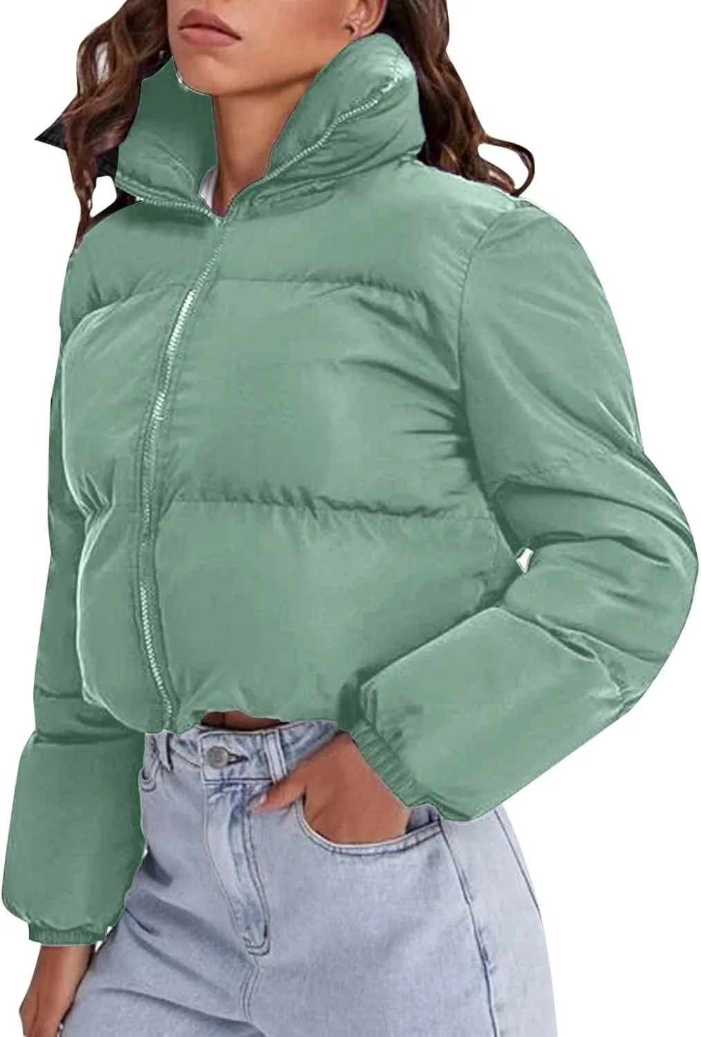 Women's 2024 Winter Long Sleeve Zip Cropped Puffer Jacket Parkas Pockets Baggy Short Down Coats Warm Quilted Jacket