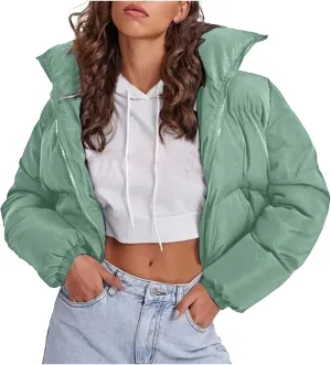 Women's 2024 Winter Long Sleeve Zip Cropped Puffer Jacket Parkas Pockets Baggy Short Down Coats Warm Quilted Jacket