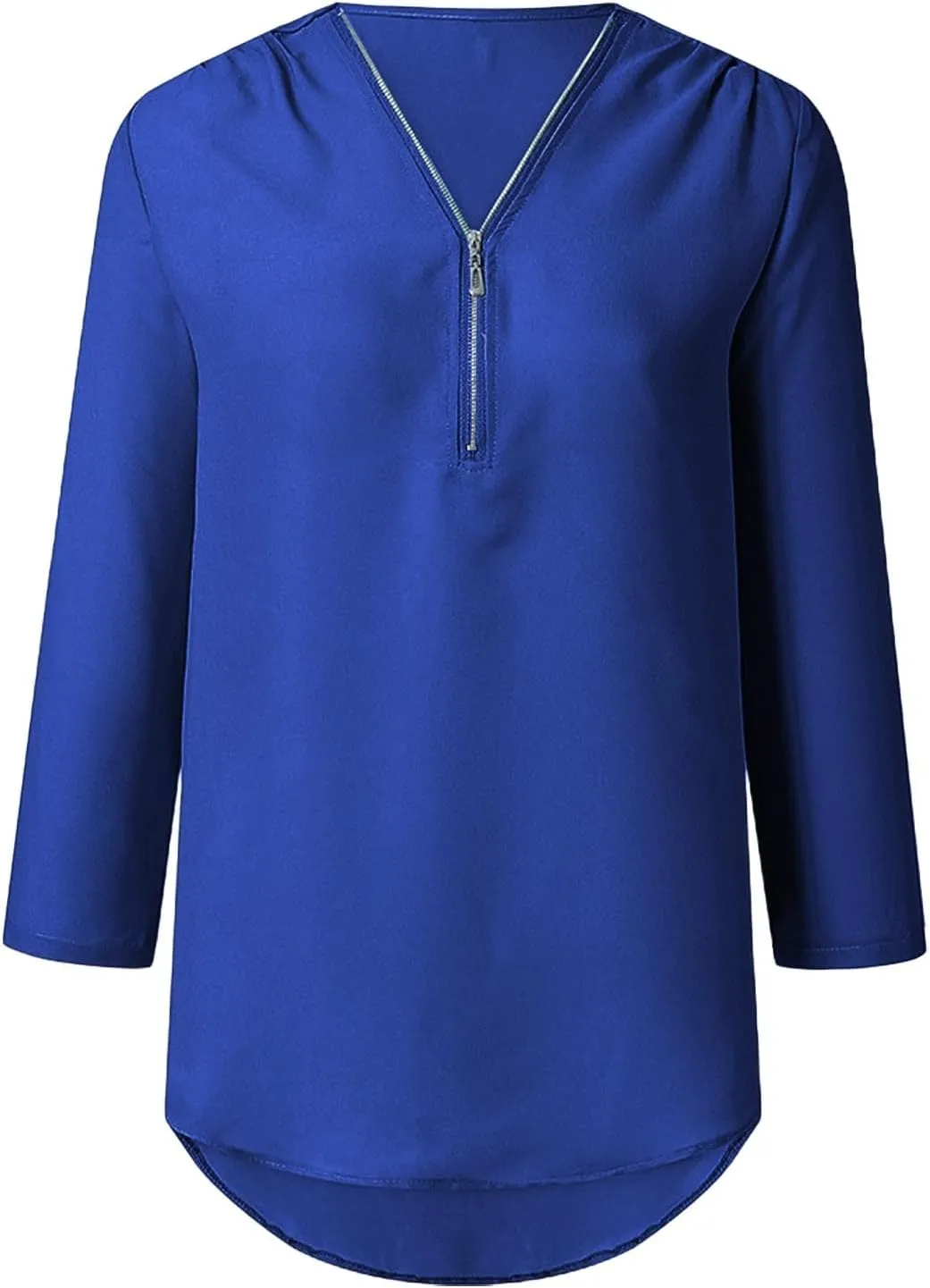 Womens 3/4 Sleeve Shirt Zipper Work Blouses Pullovers V Neck Casual Tunics Tops Pull-up Sleeves Dress Shirts