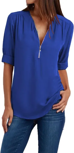 Womens 3/4 Sleeve Shirt Zipper Work Blouses Pullovers V Neck Casual Tunics Tops Pull-up Sleeves Dress Shirts
