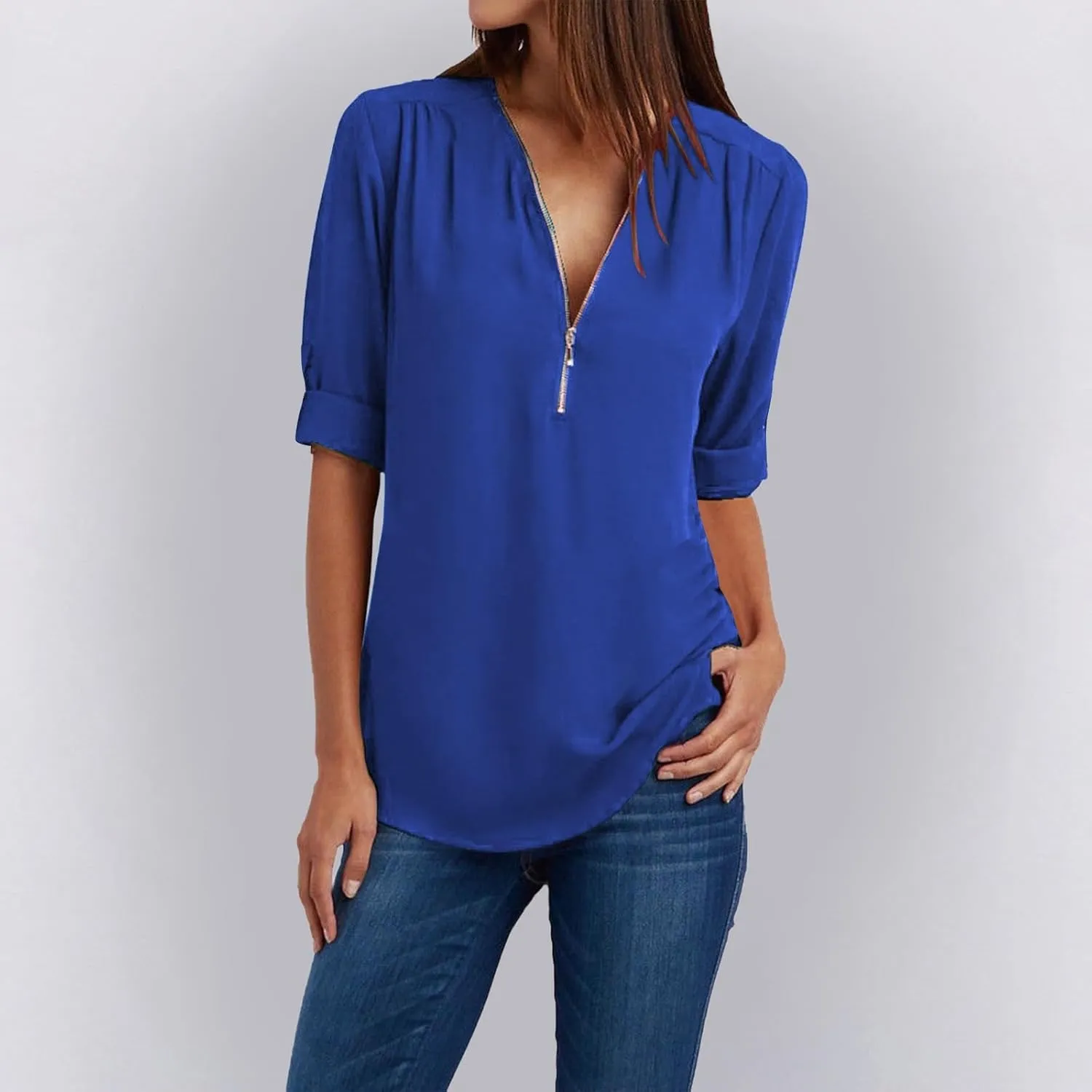 Womens 3/4 Sleeve Shirt Zipper Work Blouses Pullovers V Neck Casual Tunics Tops Pull-up Sleeves Dress Shirts